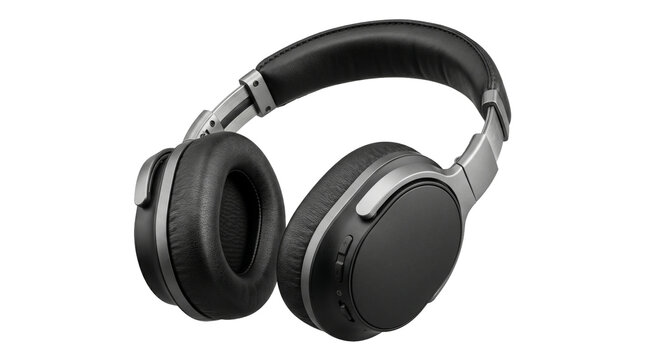 Modern wireless black leather headphones over ear style isolated on transparent background png resources.