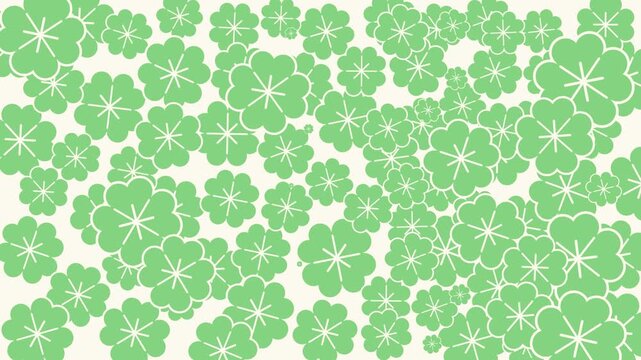4k footage animation of shamrock or green clover leaves pattern background flat design isolated on white background. St Patricks Day shamrock symbols decorative elements pattern.