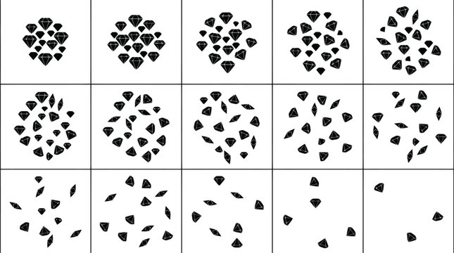 Animation sequence of black diamonds scattering and shrinking on white background jewel gemstone