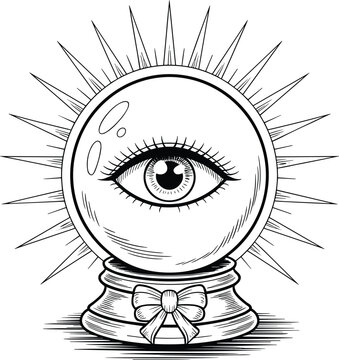 Mystical vintage engraving of a prophetic crystal ball with a central seeing eye radiating sharp light rays in mystery.