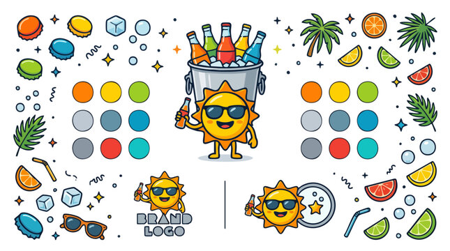 Summer Sun Mascot with Cold Drinks and Tropical Design Elements Set