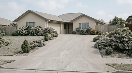 Fototapeta premium Volcanic ash on driveway, Residential garden after eruption, Property cleanup concept, Home insurance risk, Clean suburban stock photo