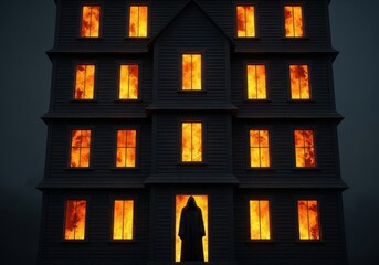 Naklejka premium Dark Haunted House with Burning Windows and Hooded Figure in Doorway for Horror and Supernatural Movie Posters