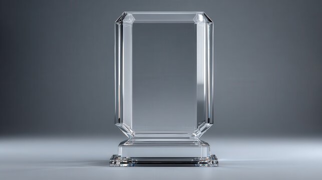 A stunning image of blank square glass trophy mockup, 3d rendering. Empty acrylic award design mock up. Transparent realistic crystal prize plate template. Premium first place.