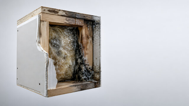 Cross-section of a damaged wall stud and insulation with severe mold and rot insulation construction material building moisture contamination deterioration degradation