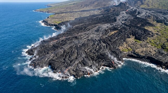New lava delta coastline, Black rock meeting blue sea, Volcanic landscape change, Aerial geology view, Environmental impact stock photo