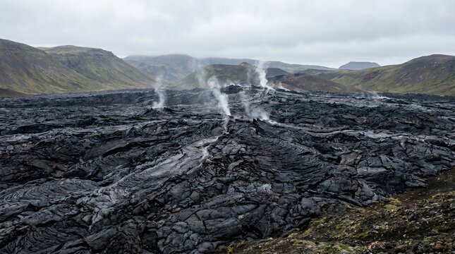 Cooling lava field texture, Steam vents on black crust, Volcanic geology background, Eruption aftermath, Minimal disaster landscape
