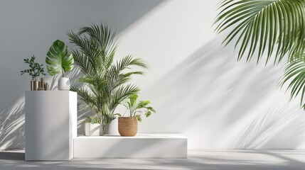 Fototapeta premium Backdrop Studio Background Shadow White Light Podium Floor Plant Product Wall Pattern Abstract Kitchen Shadow Leaf Table Product 3d Bg Minimal Mockup Platform Kitchen Loft Grey.