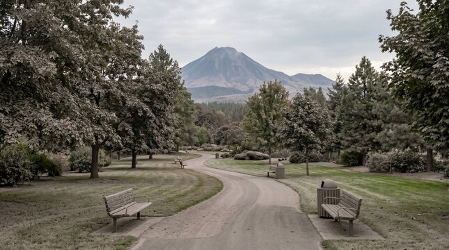Volcanic ash in public park, Empty benches and path, Urban nature recovery, Distant eruption plume, Clean resilience photo