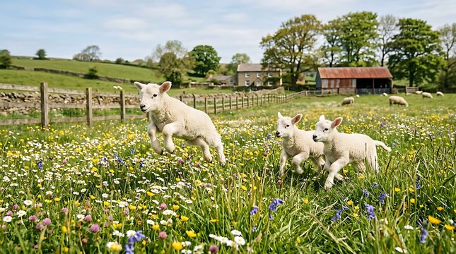 Three young lambs jumping and running through a vibrant spring meadow filled with wildflowers on a farm