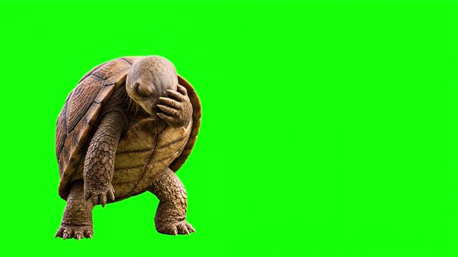 Realistic 3D turtle doing a facepalm gesture, frustration and mistake concept isolated on chroma key green screen background, Covering Face, Disappointment, Stress, Regret, Failure, Error