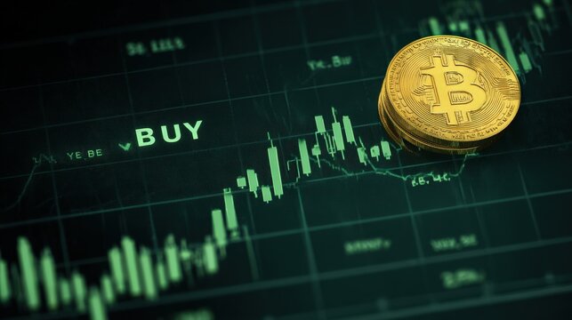 Bitcoin cryptocurrency trading showing buy and sell options with upward trend.