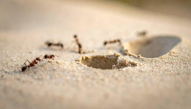 Antlion larva emerges from sandy pit trap, a predatory insect hunting in its natural ground habitat