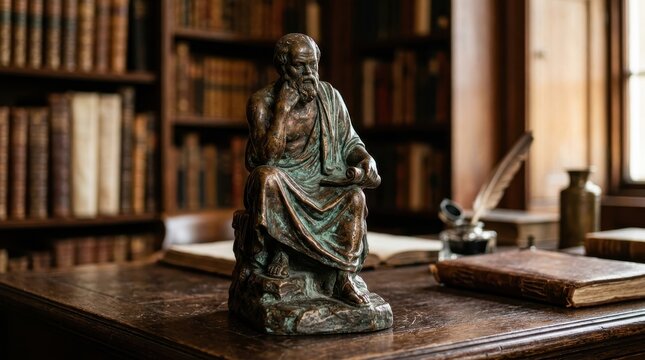 Bronze Statue of a Bearded Ancient Philosopher Deep in Thought Beside Books