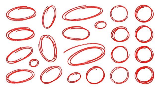  Red hand-drawn oval circle set isolated on white background for sketch, label, and design element use