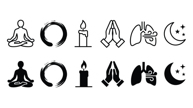 Meditation Wellness Icon Vector Set Yoga Zen Candle Prayer Lungs Moon Line Solid Pictogram Mindfulness Collection