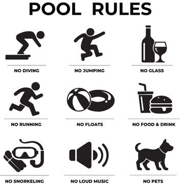 Pool rules icons set clear safety guidelines for swimming pools vector illustrations for signage and information boards
