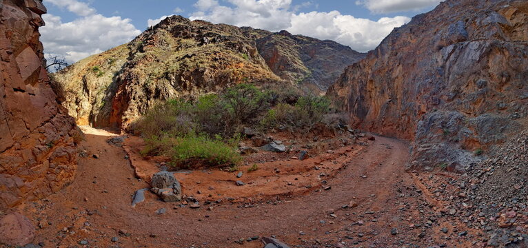 Northern Kyrgyzstan. Picturesque winding trails of the Kok Moinok canyons with red-brown rock along the Chu River.
