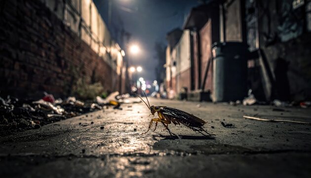 A lone cockroach scurries across a grimy urban alleyway floor under dim streetlights at night