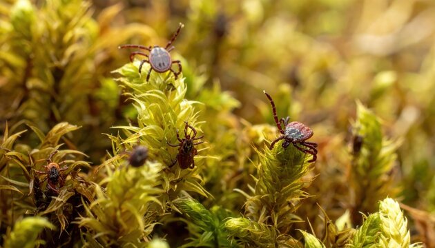 Arachnids Clinging to Mossy Vegetation, Patiently Awaiting a Host in Nature