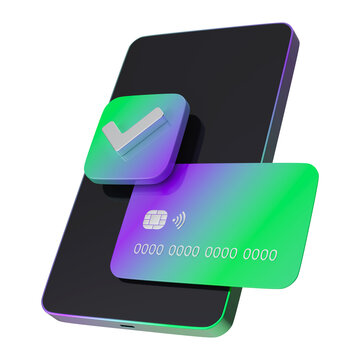 3D Mobile Payment and Verified Credit Card Concept Transparent Background 3D Rendering