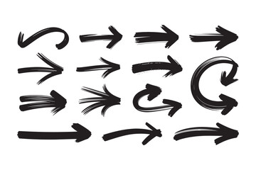 Fototapeta premium Collection of fifteen hand drawn black brush stroke arrows in various styles and directions on a white background