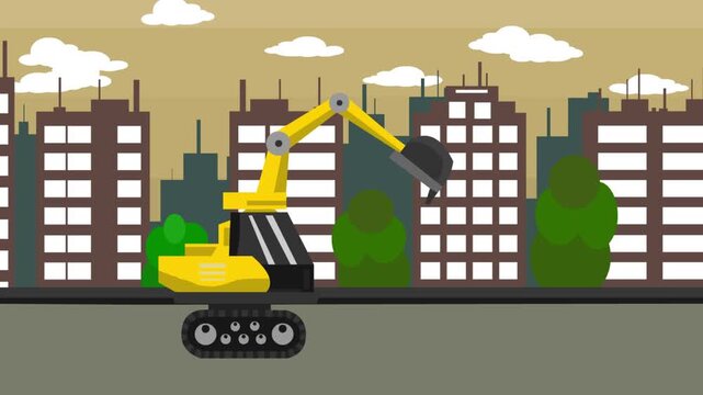 Cartoon style animation of a construction excavator passing through the city, Art, 2D.