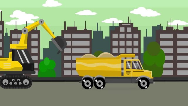 Cartoon style animation of a truck and an excavator moving in the city, Art, 2D.
