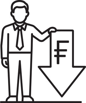 Businessman with downward arrow swiss franc outline icon vector illustration for financial loss and career failure