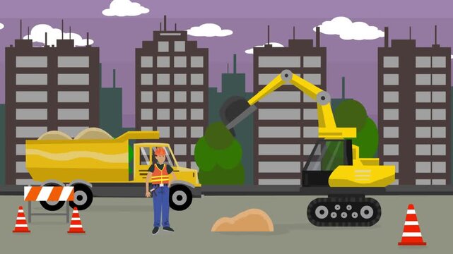  Cartoon style animation of a truck, an excavator and a worker in the city, Art, 2D.
