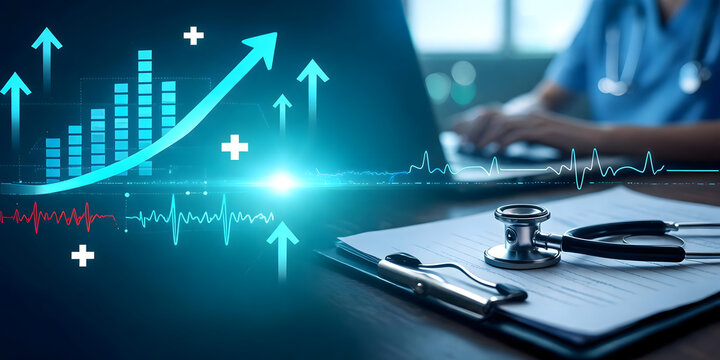 Abstract medical interface with heartbeat line and statistical growth graph.