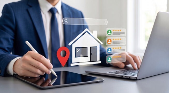 local search marketing and customer review rating, store location management on laptop tablet for local SEO to boost small business visibility digital growth and brand success