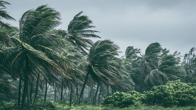 Severe tropical hurricane causing strong wind and heavy rain damage to palm trees