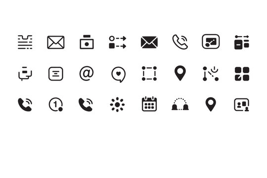 Set of Black Outline Representing Communication and Technology Functions on a White Background comprehensive