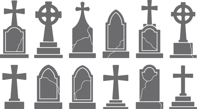 Collection of diverse grey gravestone silhouettes with cracks and crosses creates a somber mood on a white background.