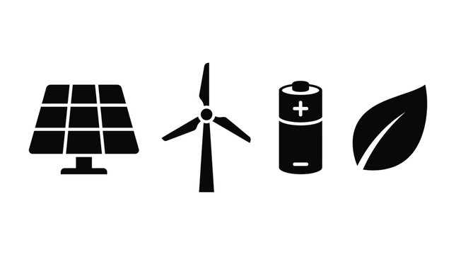 Renewable Energy Icons Set with Solar Panel Wind Turbine Battery and Leaf for Sustainable Technology Design