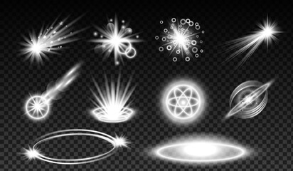 Premium set of glowing white visual effects featuring bright flares, energy rings, comet streaks, atomic symbols, portals and sparkling particles. High quality abstract collection suitable for video e © Artem Kabushka