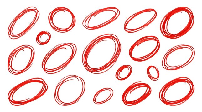 Red hand-drawn oval circle set isolated on white background for sketch, label, and design element use