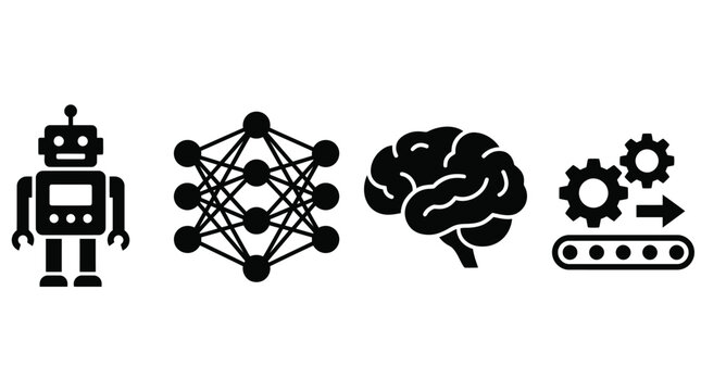 Artificial Intelligence Icons Set with Robot Brain Neural Network and Automation Symbols for AI Technology