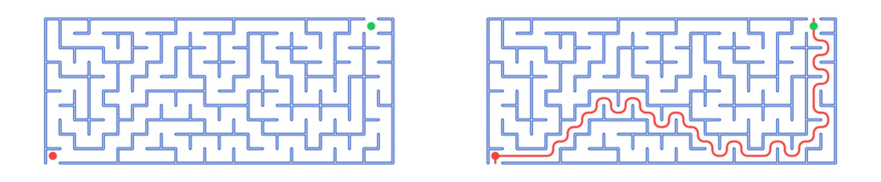 Simple maze design with solution path in red and blue lines  