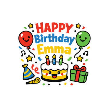 Happy birthday emma cute party elements vector illustration with birthday balloons celebration noisemaker greeting decoration illustration