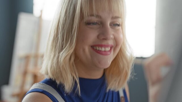 Woman smiling while holding a paintbrush by an easel in a bright art studio, face closeup showing teeth and lips; happiness.