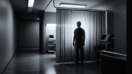 Fototapeta premium Mysterious Silhouette Behind Medical Curtain Evokes Intrigue And Uncertainty