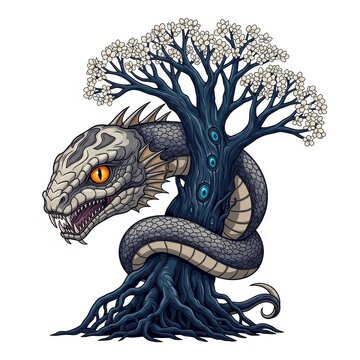 Snake dragon head wrapped around tree roots