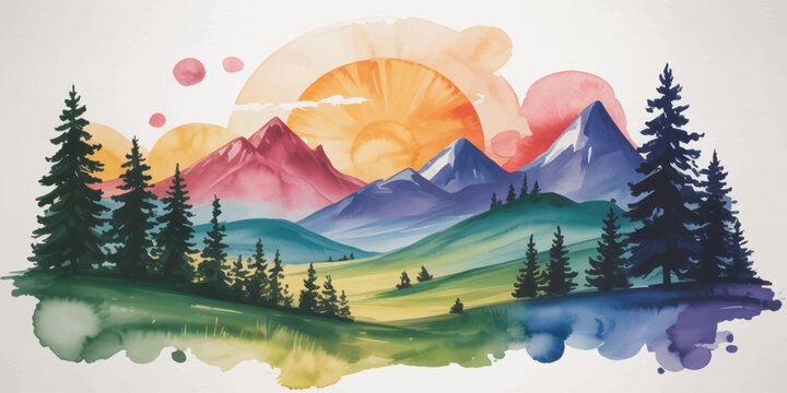 Watercolor landscape painting of a house by a lake with mountains, forest, sky, mist and sunset view