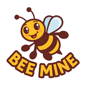 Cute cartoon bee with blue wings and yellow stripes smiling above bold &ldquo;BEE MINE&rdquo; text, playful romantic pun illustration for Valentine&rsquo;s Day