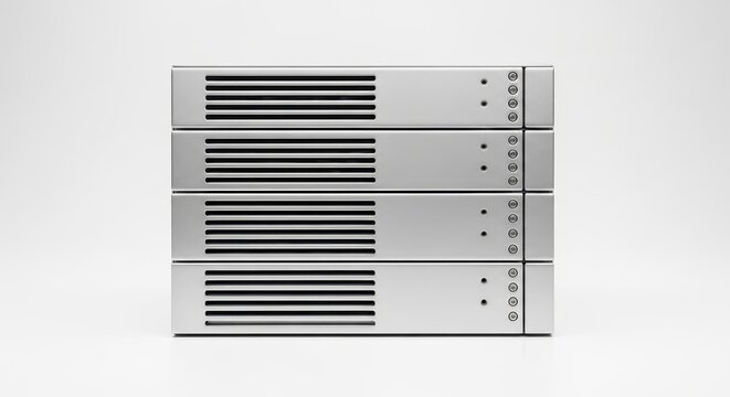 Metallic server hardware with vents and ports on front panel