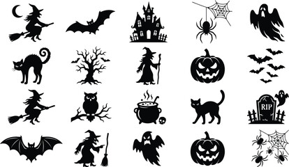 Fototapeta premium Halloween Silhouettes Witch Bat Spider Pumpkin And Haunted House Vector Collection