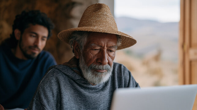 Peruvian community elder records oral histories into a laptop while a young linguist transcribes beside him, cultural archive digitization and language preservation combined