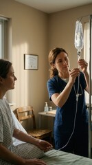 Fototapeta premium Nurse Attends Patient In Hospital Room With Intravenous Drip